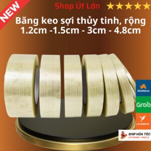1 Cuộn băng keo sợi thủy tinh, rộng 1.2cm -1.5cm - 3cm - 4.8cm, dài 50 mét, lõi siêu mỏng