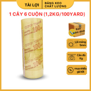 Băng Keo trong 100Yard 4F8 4.8cm 1.2Kg (1 Cây 6 Cuộn) băng dính đóng hàng dán thùng keo dầy 55mic bám dính chắc Tài Lợi