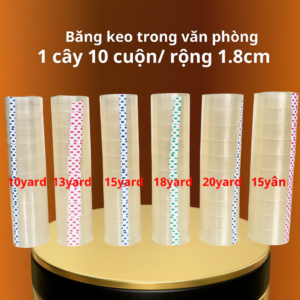 Băng keo trong văn phòng loại nhỏ, 1 cây 10 cuộn rộng 1.8cm, 10yard-13yard-15yard-18yard-20yard-25yard